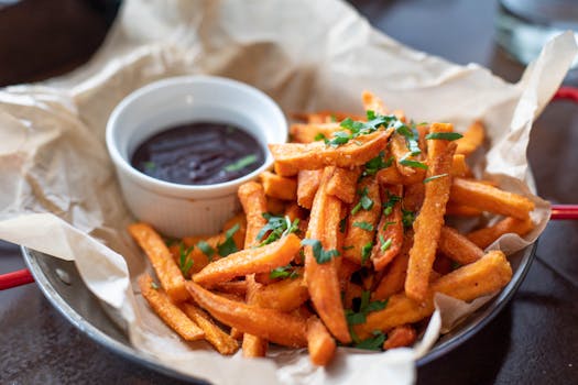 pexels-photo-1893555-1893555 Close-up of crispy sweet potato fries garnished with parsley served with a dip.